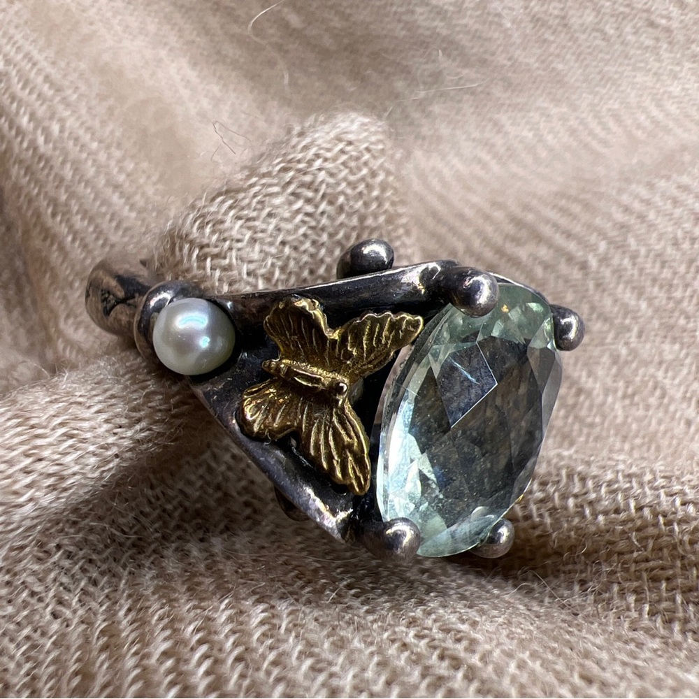 Ann king sterling silver 18K green amethyst/prasiolite pearl butterfly ring - Picture 2 of 16